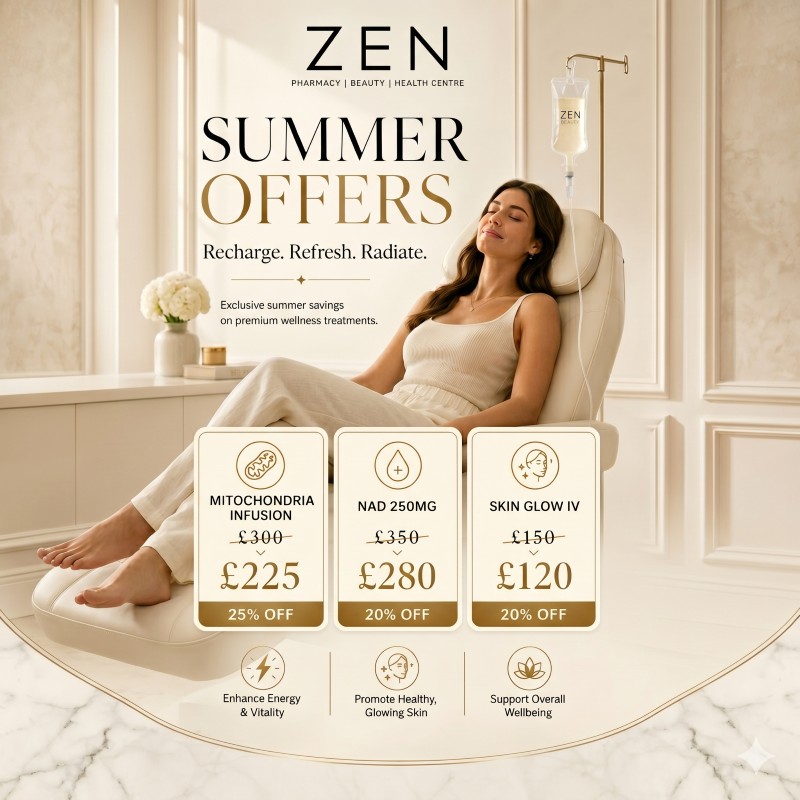 Elegant patient relaxing in a bright luxury wellness clinic for IV vitamin infusion in London