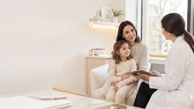 Parent and child in a consultation discussing FRAT test results at ZEN Healthcare London