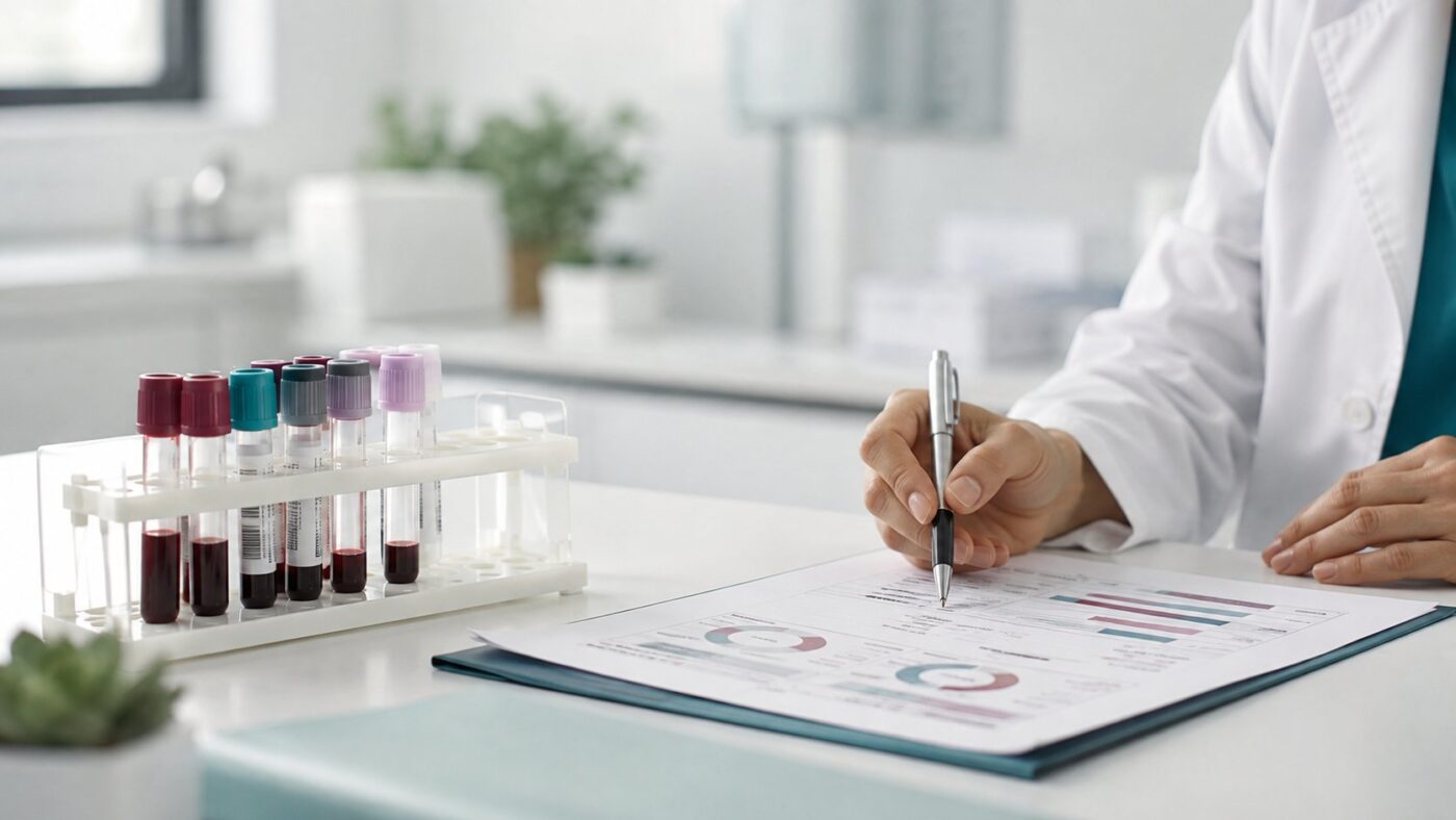 Clinician reviewing blood test results beside laboratory sample tubes