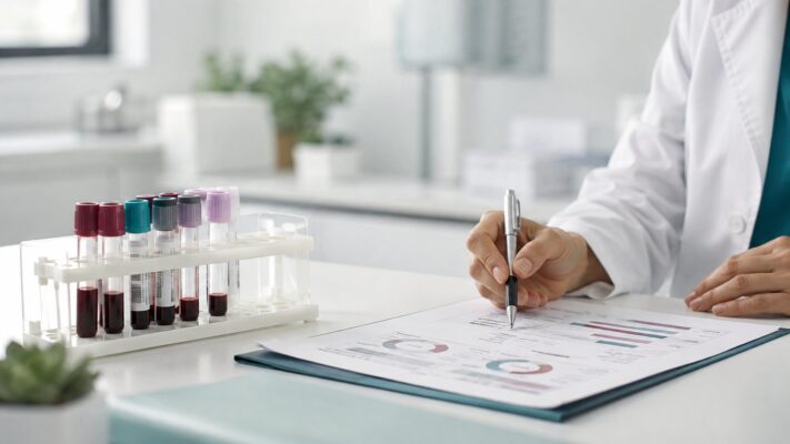 Clinician reviewing blood test results beside laboratory sample tubes