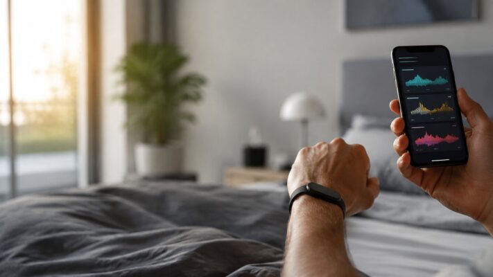 Person reviewing sleep, recovery and activity trends on a fitness-tracking app